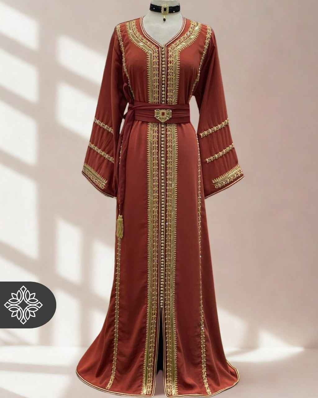 Moroccan Kaftan Terracotta with Gold Embroidery | Moroccan Abaya