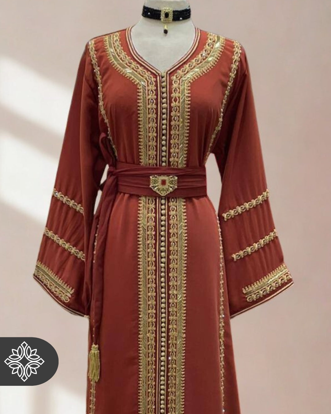 Moroccan Kaftan Terracotta with Gold Embroidery | Moroccan Abaya