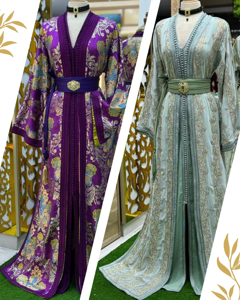 Two ornate dresses, Moroccan Kaftans, one purple and one green, displayed on mannequins with a decorative background.