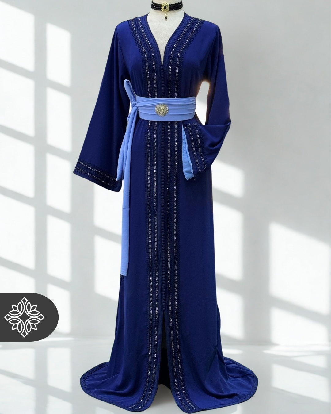 Moroccan Royal Blue Kaftan with Sky Blue Belt | Moroccan Abaya