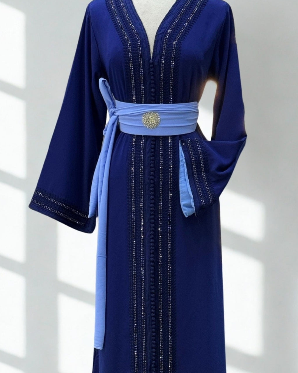 Moroccan Royal Blue Kaftan with Sky Blue Belt | Moroccan Abaya