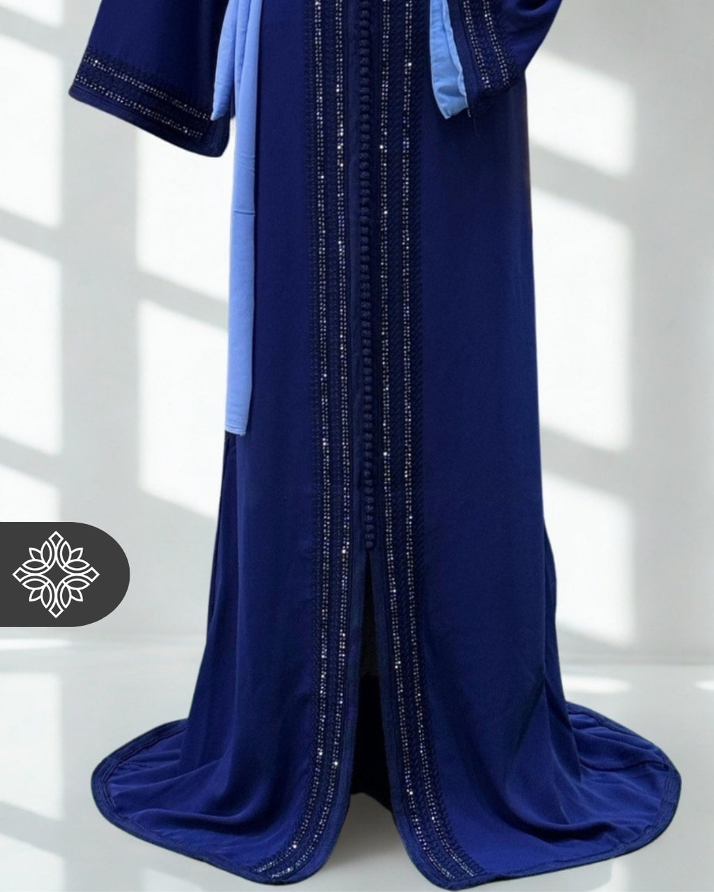 Moroccan Royal Blue Kaftan with Sky Blue Belt | Moroccan Abaya