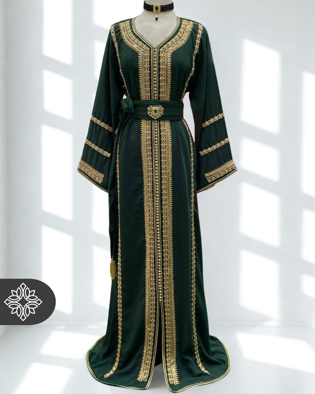 Moroccan Royal Green Kaftan with Gold Embroidery | Moroccan Abaya