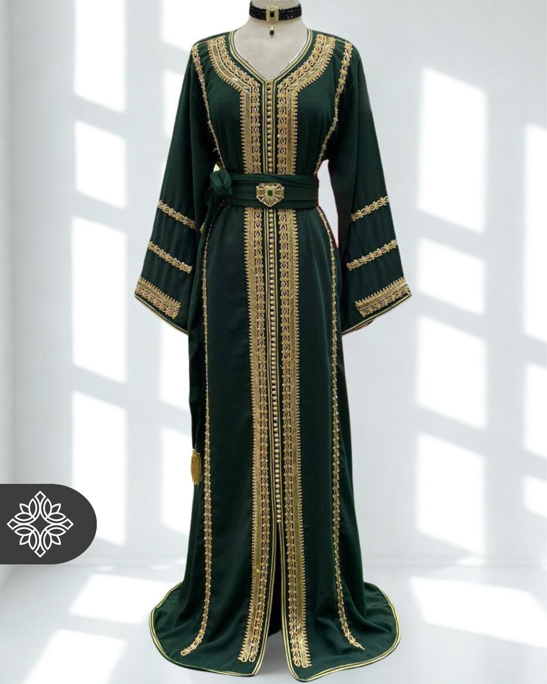 Moroccan Royal Green Kaftan with Gold Embroidery | Moroccan Abaya