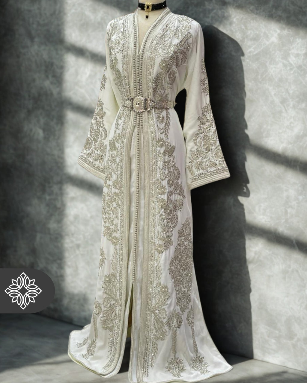 Moroccan Royal White Kaftan Wedding Dress with Silver Embroidery