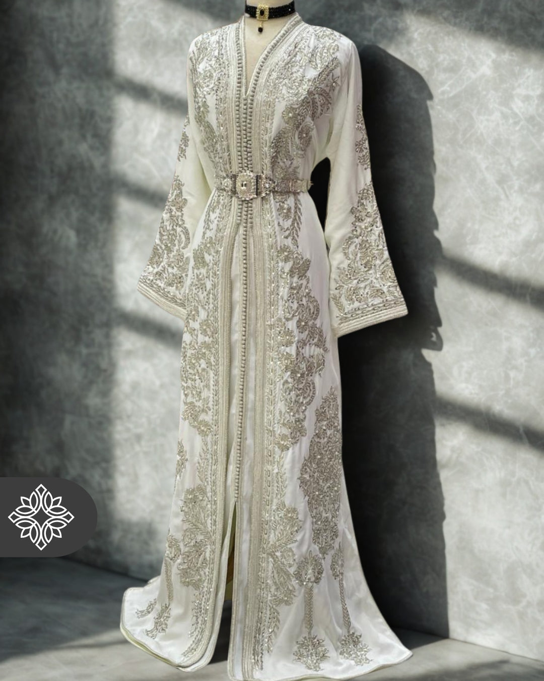 Moroccan Royal White Kaftan Wedding Dress with Silver Embroidery