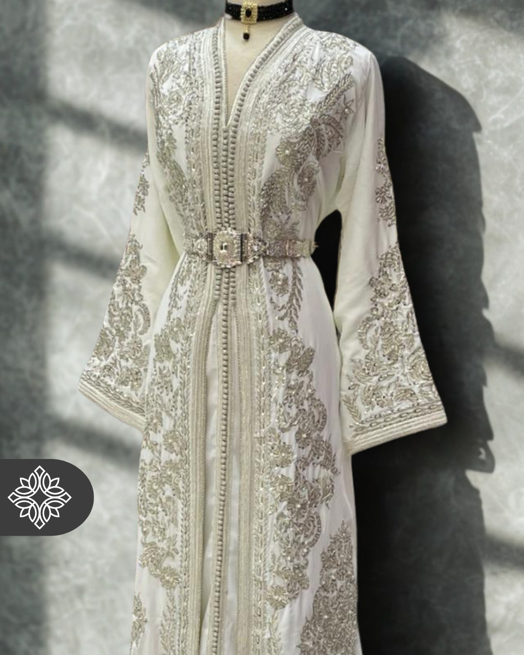 Moroccan Royal White Kaftan Wedding Dress with Silver Embroidery