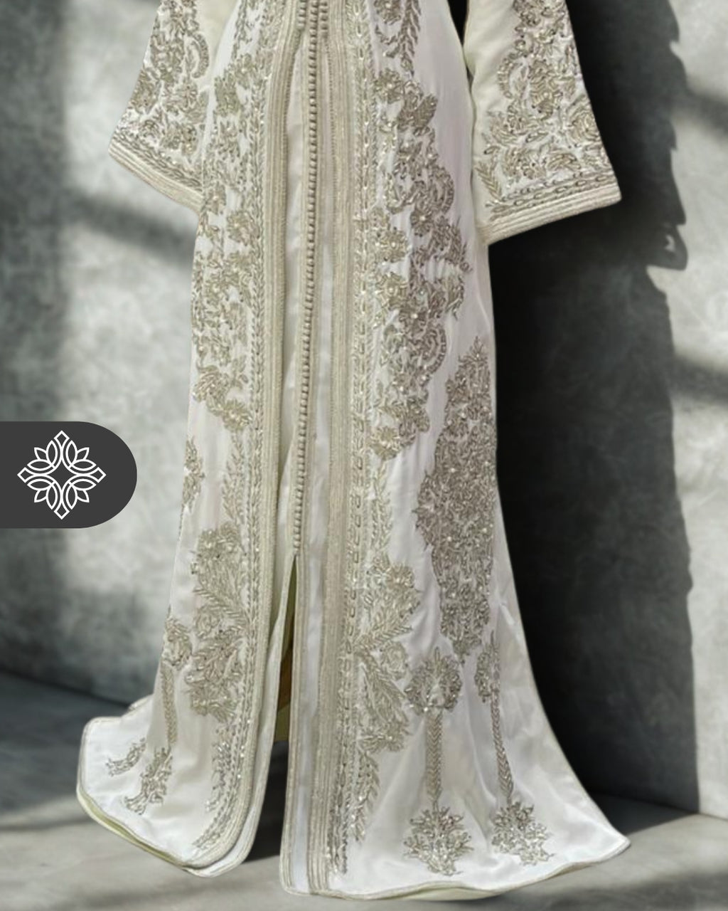 Moroccan Royal White Kaftan Wedding Dress with Silver Embroidery
