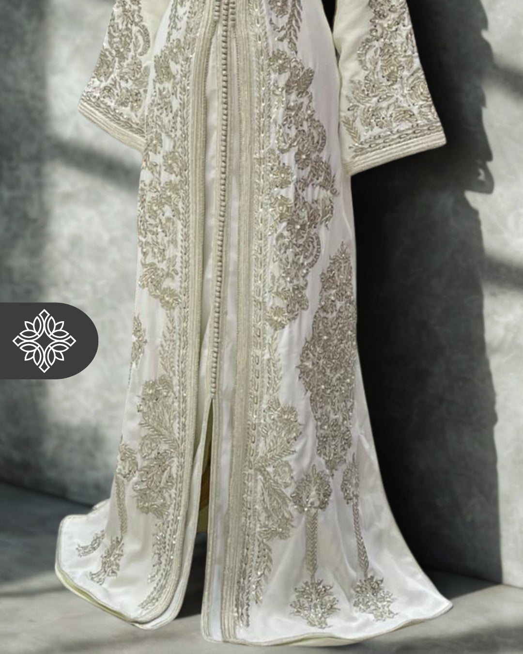 Moroccan Royal White Kaftan Wedding Dress with Silver Embroidery