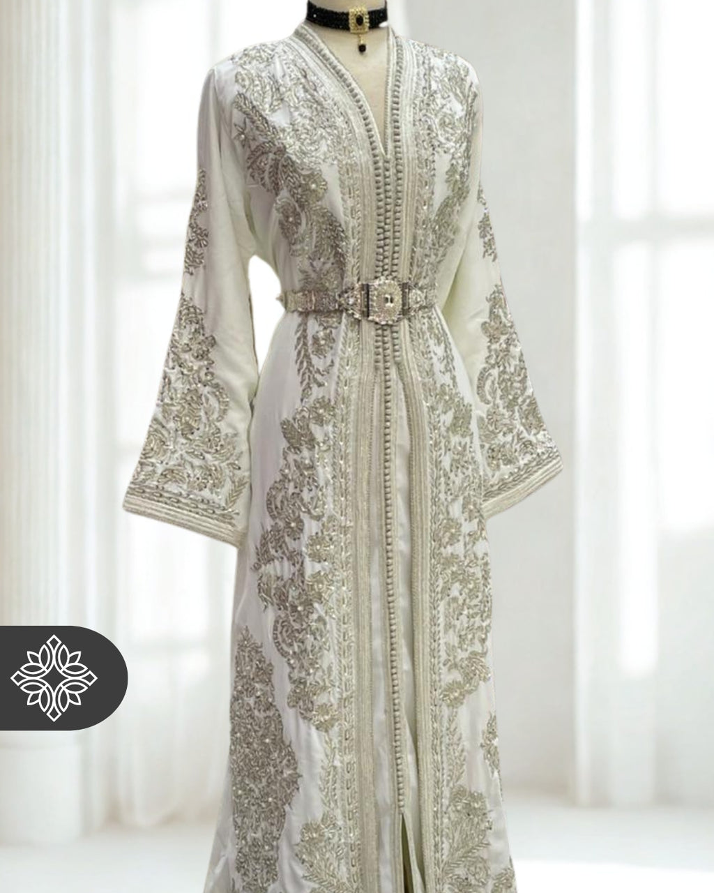 Moroccan Royal White Kaftan Wedding Dress with Silver Embroidery