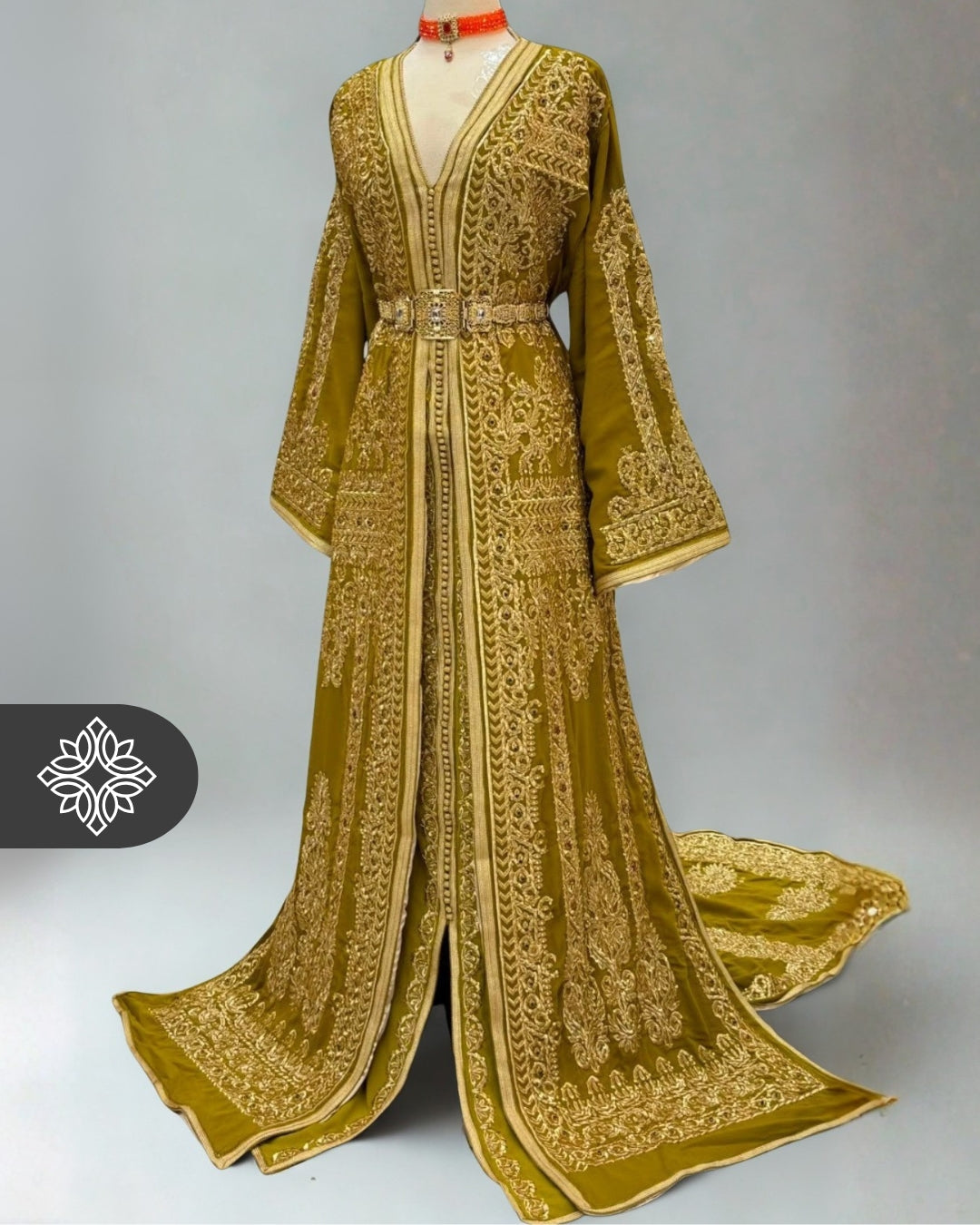 Golden Yellow Moroccan Takchita | Luxury Two-Piece Kaftan | Golden Royal Hand Embroidery