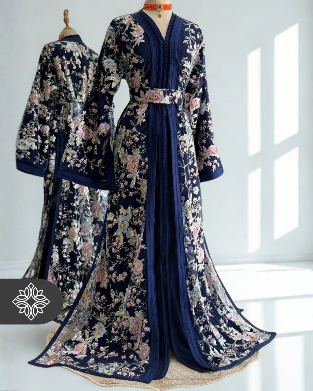 Navy Blue Floral Moroccan Takchita | Luxury Two-Piece Kaftan | Timeless Elegance
