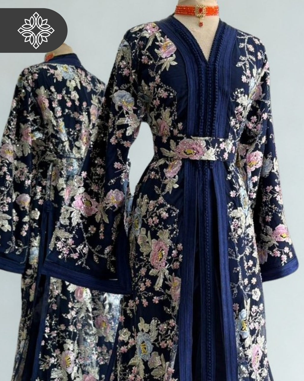 Black Floral Moroccan Takchita | Luxury Two-Piece Kaftan