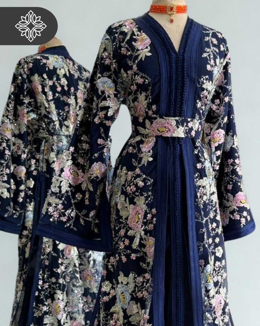 Black Floral Moroccan Takchita | Luxury Two-Piece Kaftan