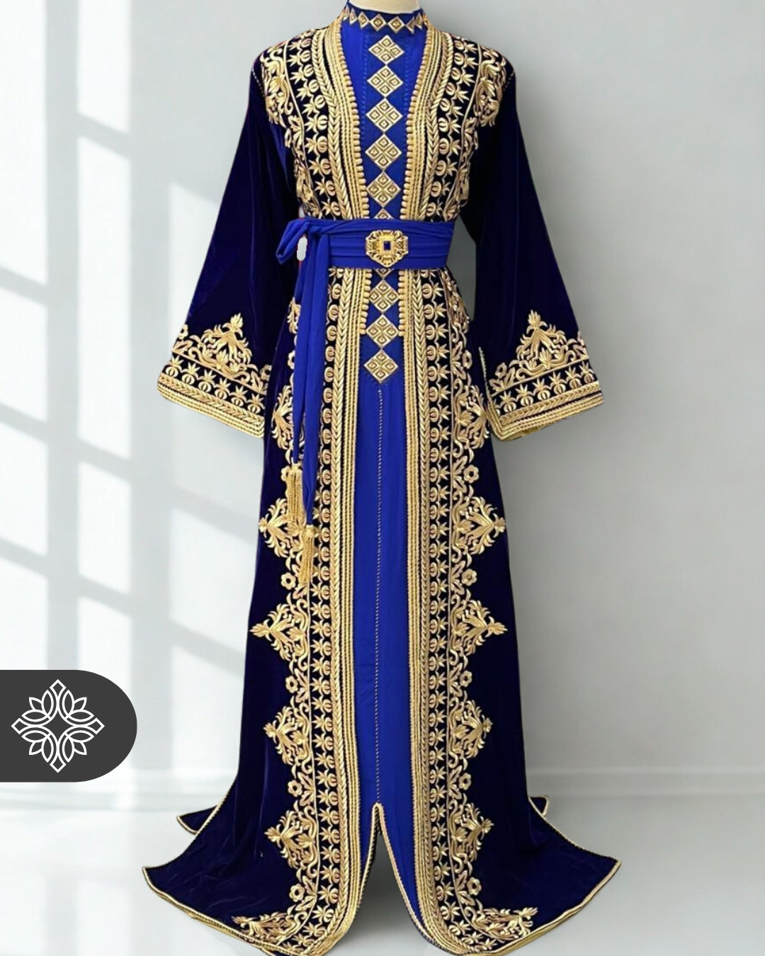 Navy Blue Moroccan Kaftan with Golden Embroidery