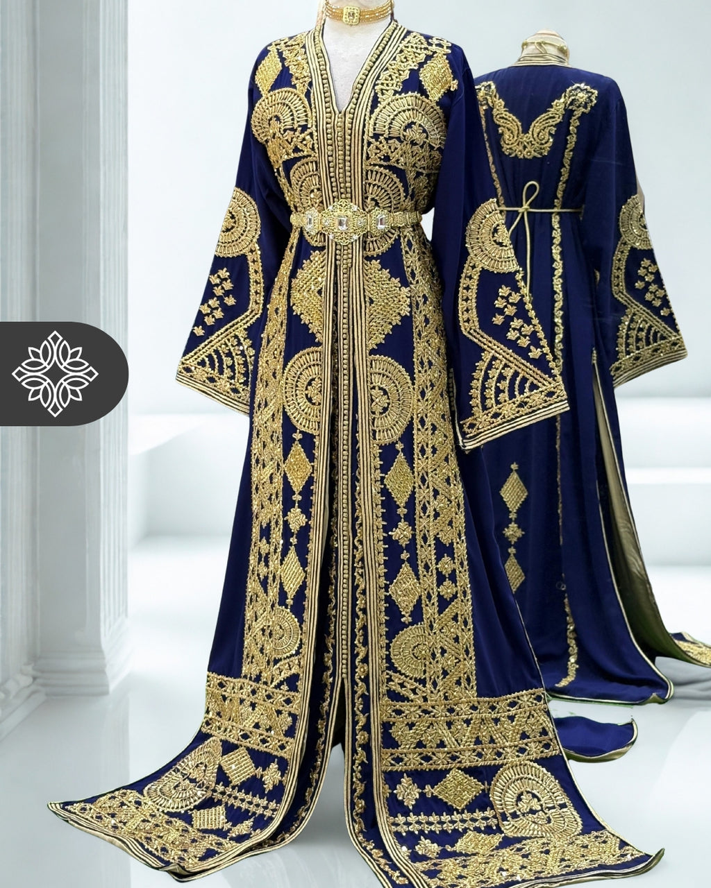 Navy Blue Moroccan Royal Takchita | Heavy Gold Tonal Embroidery | Two-Piece Kaftan