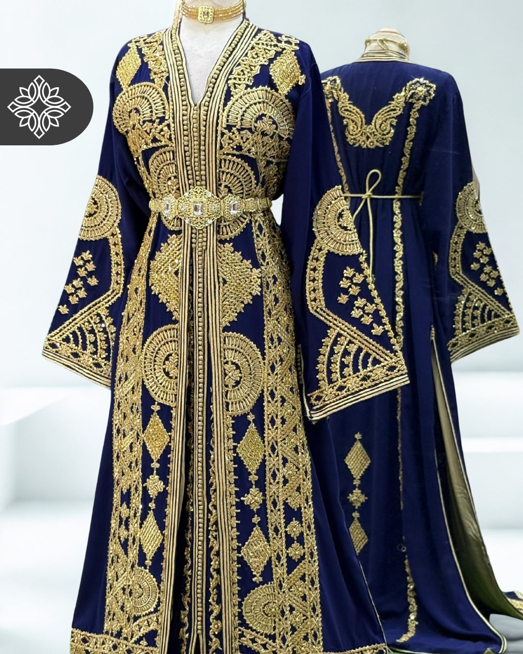 Navy Blue Moroccan Royal Takchita | Heavy Gold Tonal Embroidery | Two-Piece Kaftan