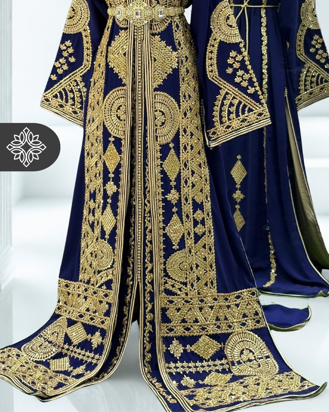 Navy Blue Moroccan Royal Takchita | Heavy Gold Tonal Embroidery | Two-Piece Kaftan