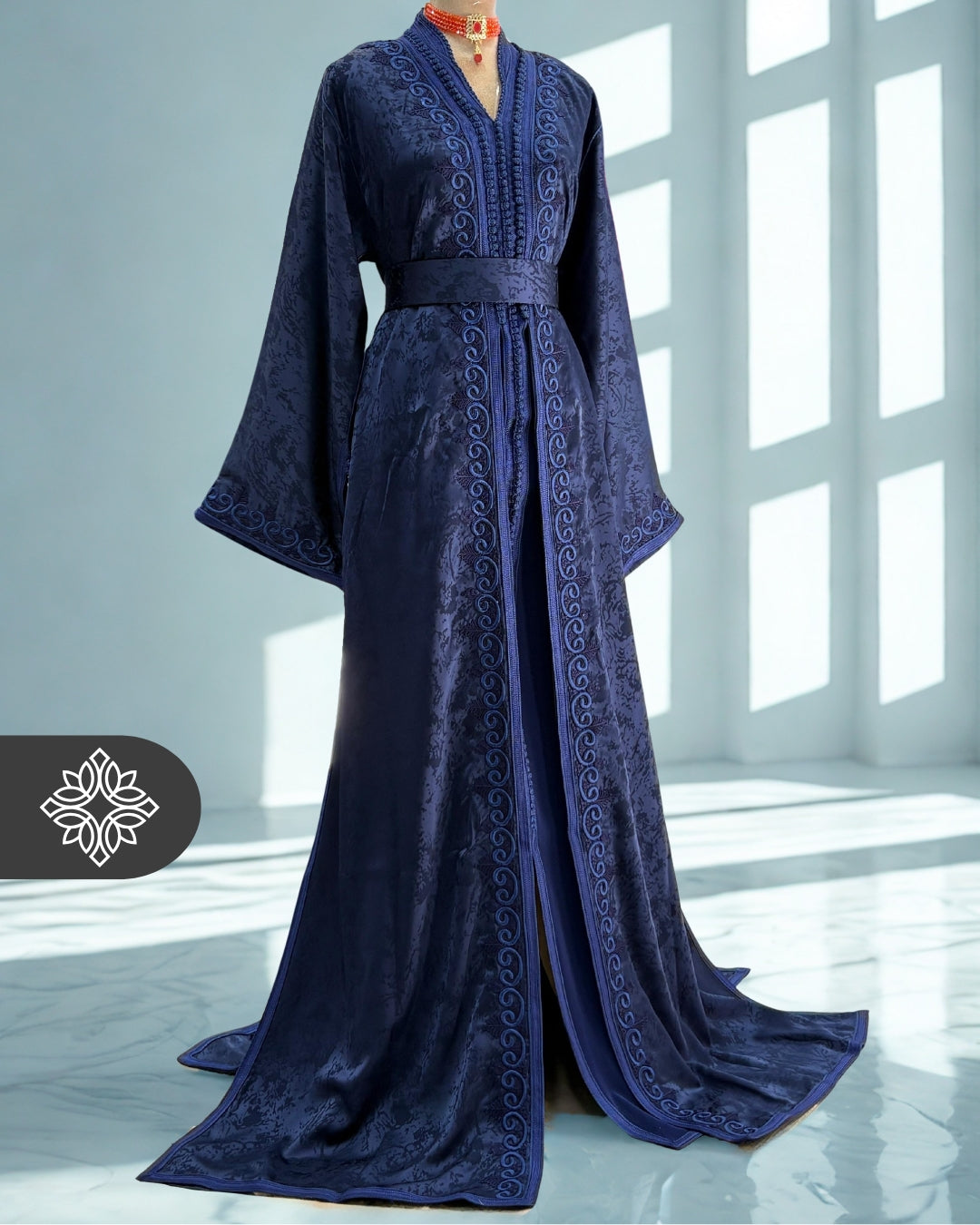 Navy Blue Moroccan Takchita | Elegant Tonal Embroidery | Luxury Two-Piece Kaftan
