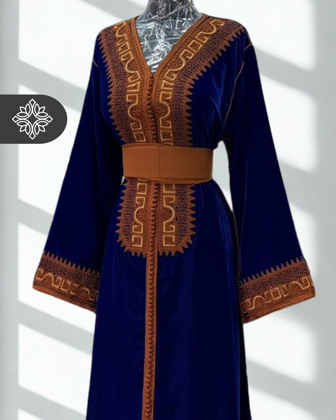 Emerald Green Velvet Moroccan Kaftan | Brown Tonal Embroidery | One-Piece Caftan