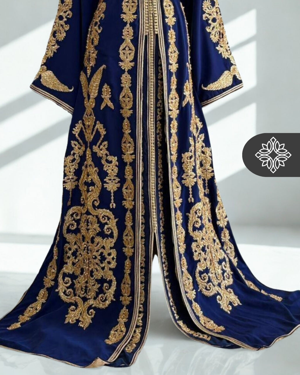 Emerald Green Moroccan Takchita | Luxury Couture Two-Piece Kaftan | Golden Tonal Embroidery