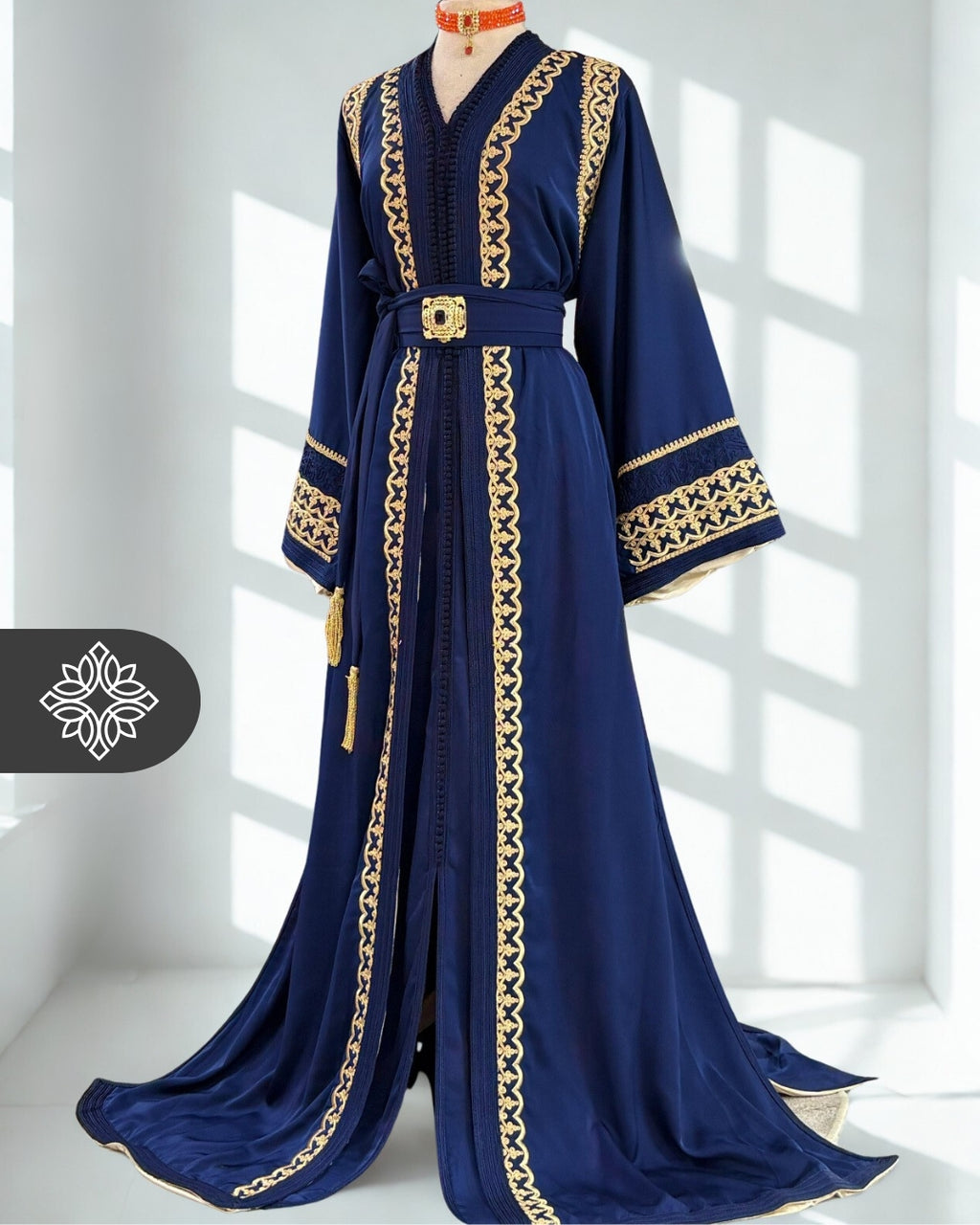 Navy Blue Moroccan Elegant Takchita | Golden Tonal Embroidery | Two-Piece Kaftan