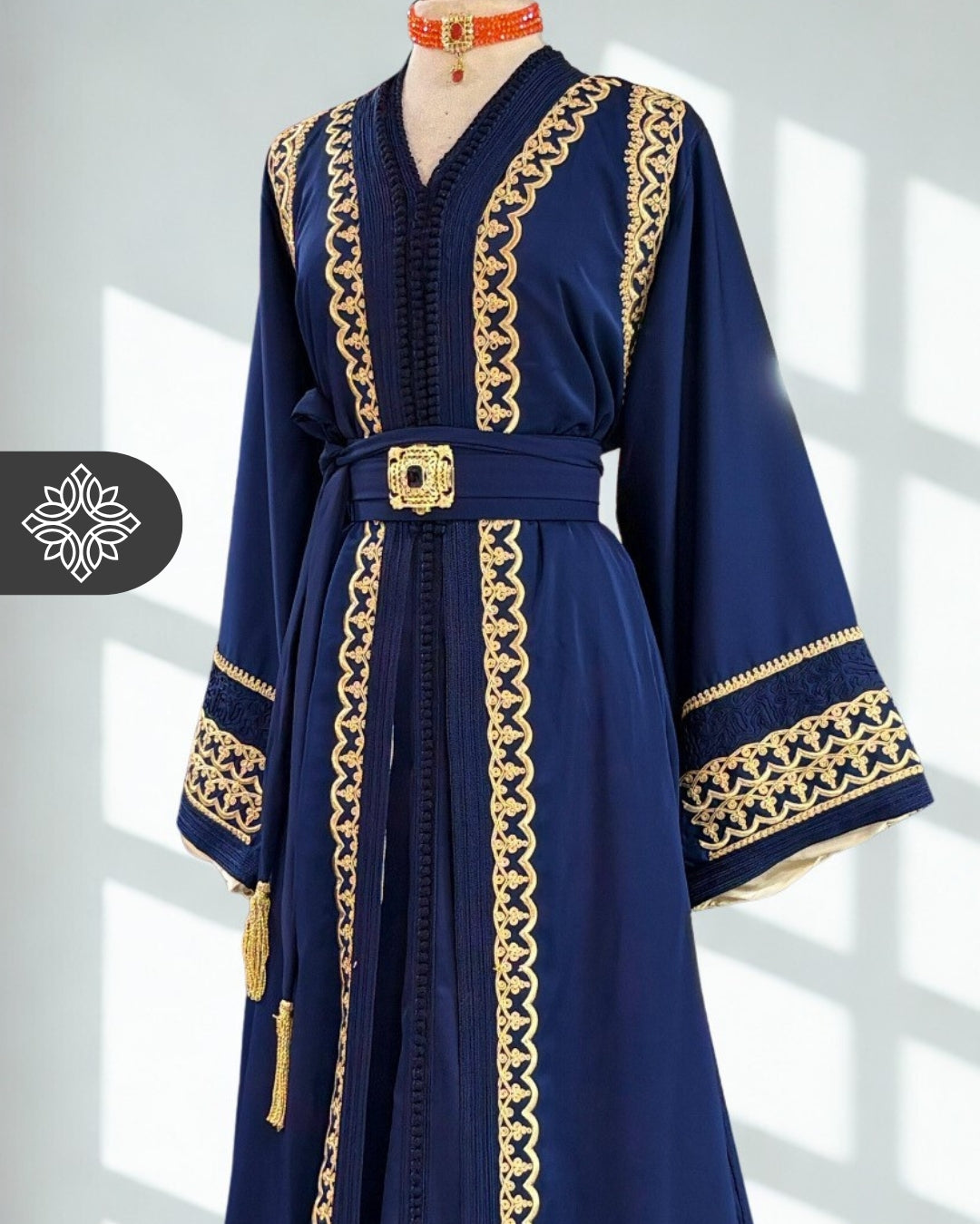 Navy Blue Moroccan Elegant Takchita | Golden Tonal Embroidery | Two-Piece Kaftan