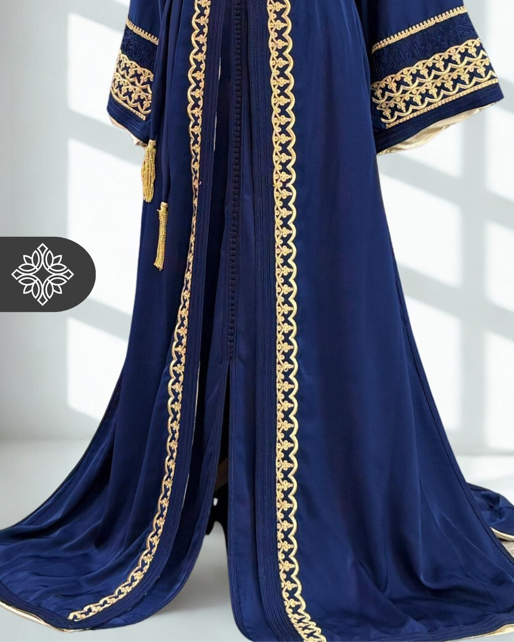 Navy Blue Moroccan Elegant Takchita | Golden Tonal Embroidery | Two-Piece Kaftan