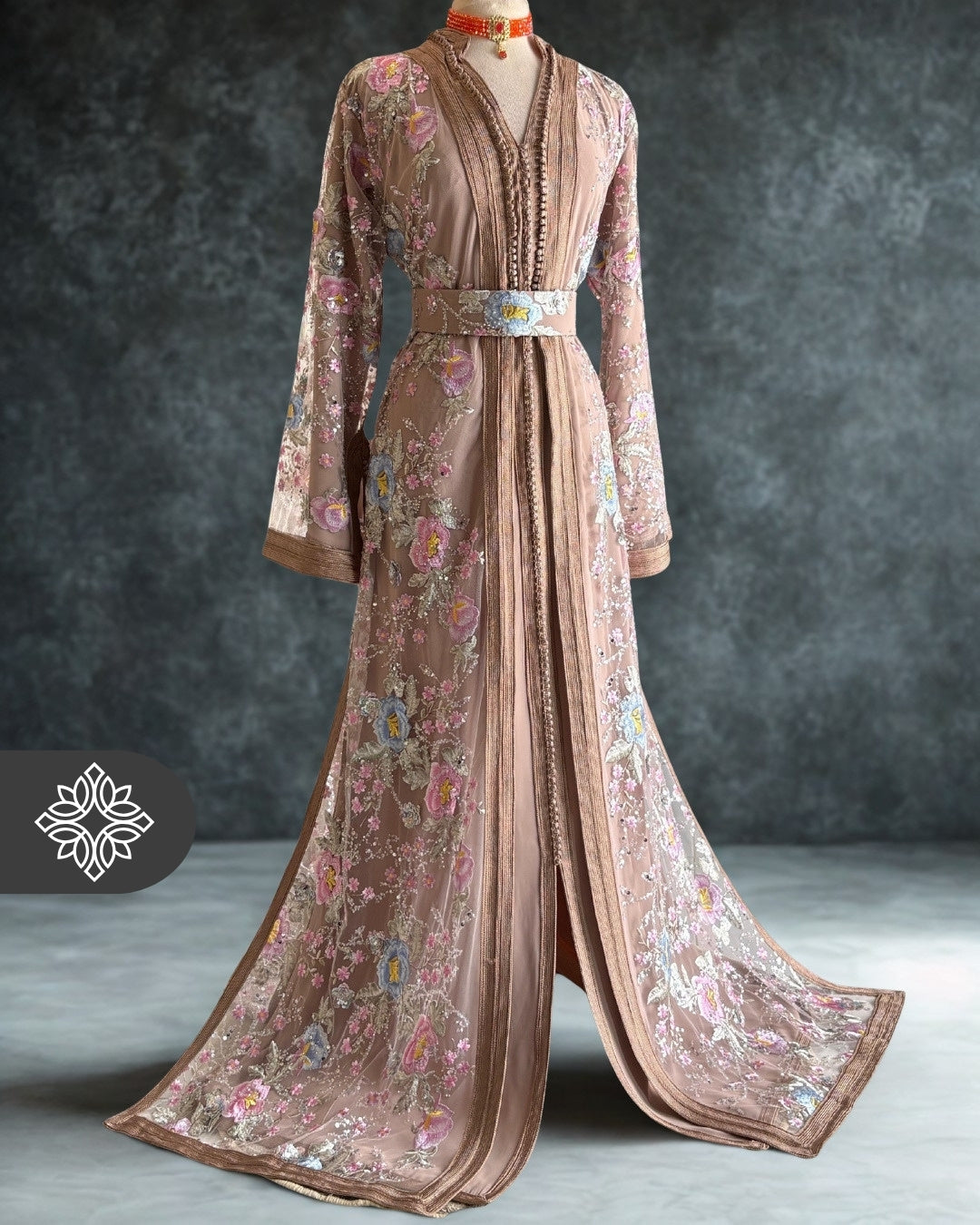 Nude Beige Floral Moroccan Takchita | Embroidery Couture | Luxury Two-Piece Kaftan