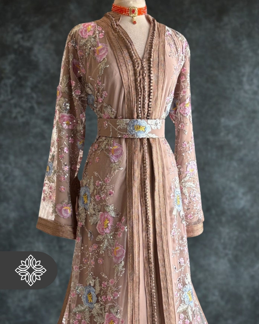 Nude Beige Floral Moroccan Takchita | Embroidery Couture | Luxury Two-Piece Kaftan