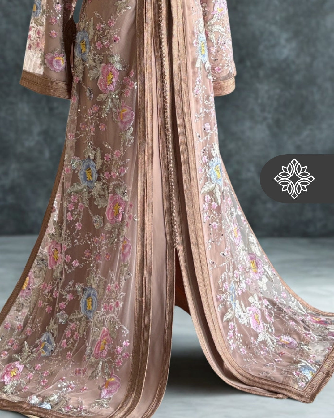 Nude Beige Floral Moroccan Takchita | Embroidery Couture | Luxury Two-Piece Kaftan