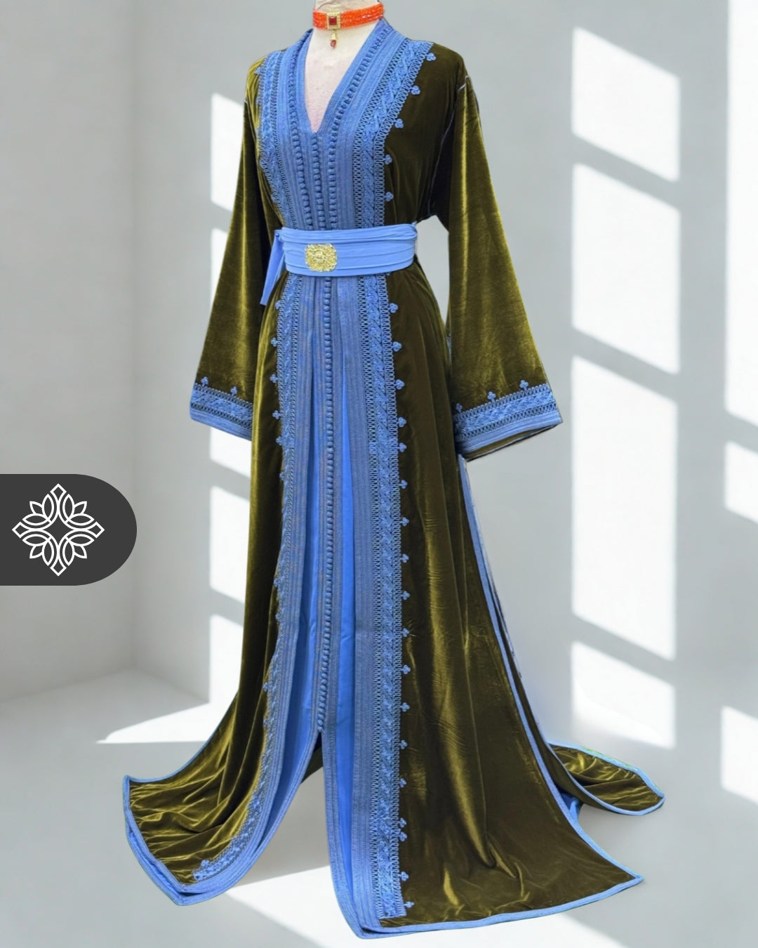 Crimson Rouge Moroccan Two-Piece Kaftan | Sky Blue Embroidered Velvet