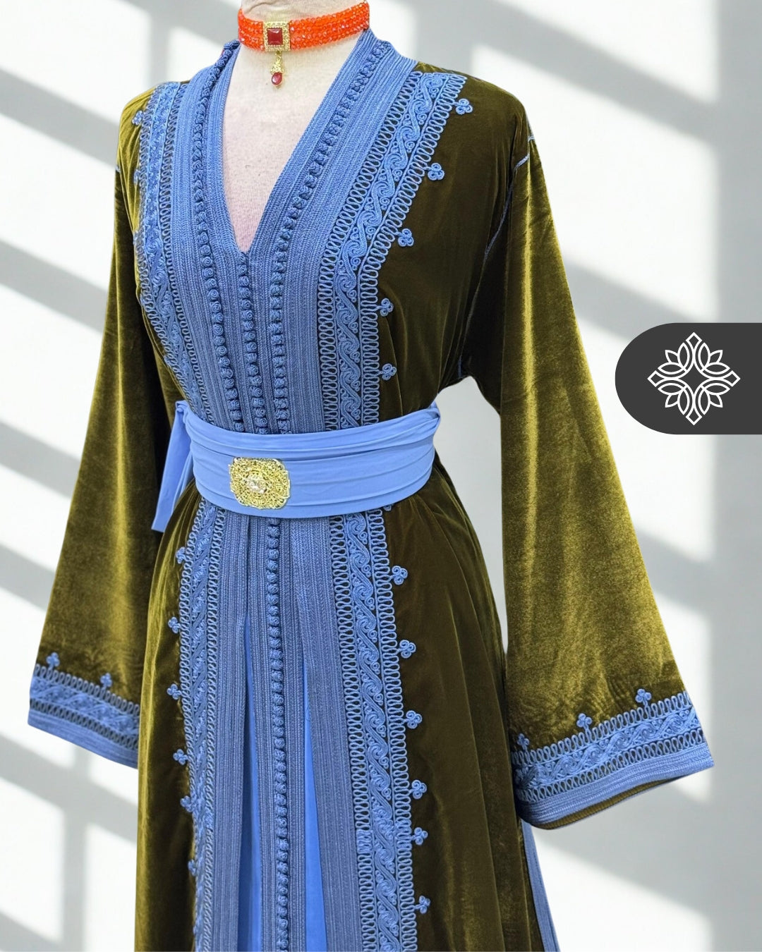 Olive Gold Moroccan Two-Piece Kaftan | Sky Blue Embroidered Velvet