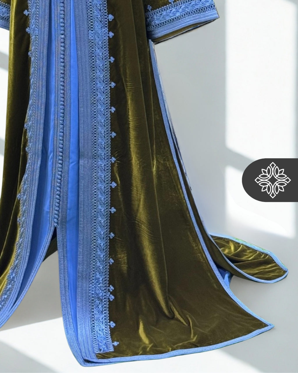 Olive Gold Moroccan Two-Piece Kaftan | Sky Blue Embroidered Velvet