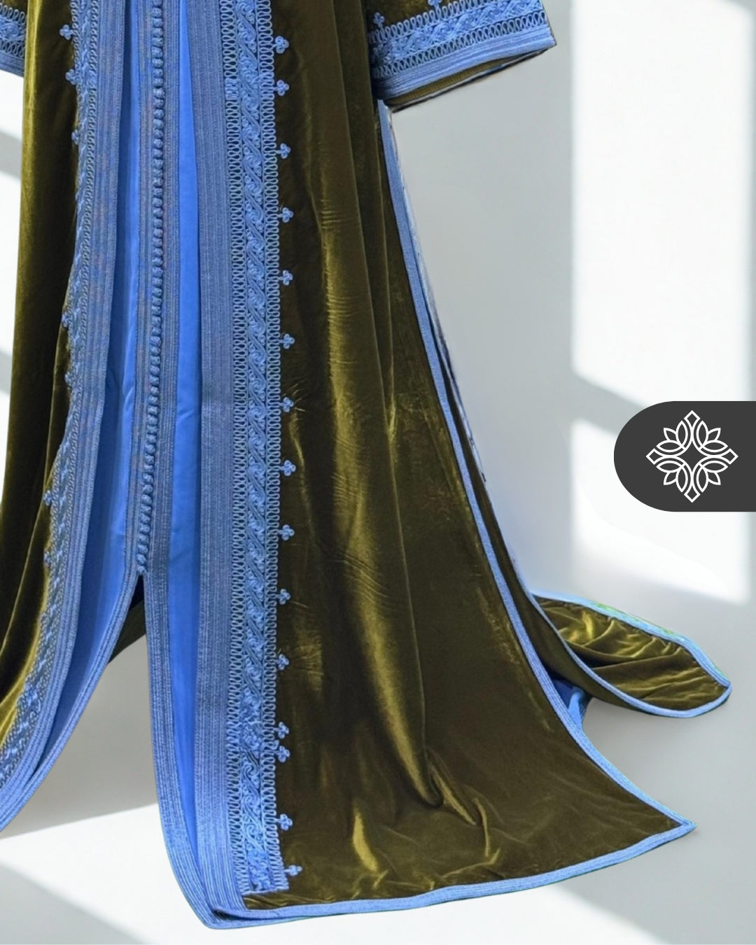 Olive Gold Moroccan Two-Piece Kaftan | Sky Blue Embroidered Velvet