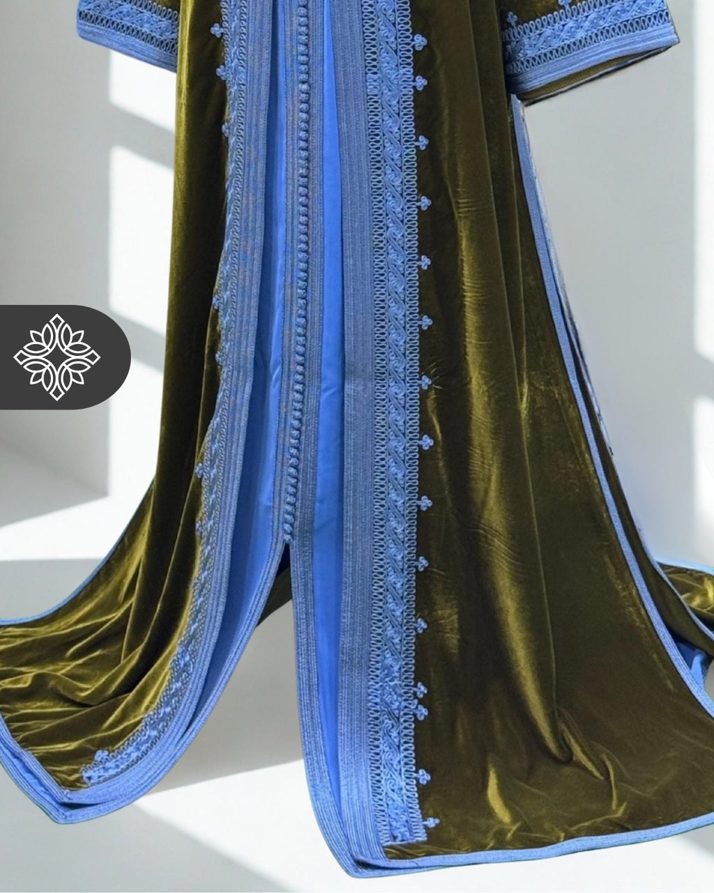 Olive Gold Moroccan Two-Piece Kaftan | Sky Blue Embroidered Velvet