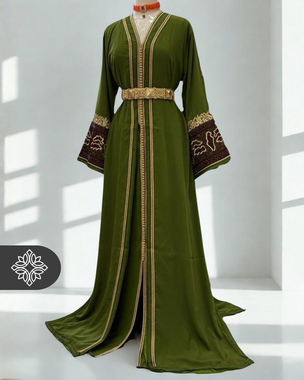 Olive Green Moroccan Takchita | Royal Kaftan | Golden Tonal Embroidery
