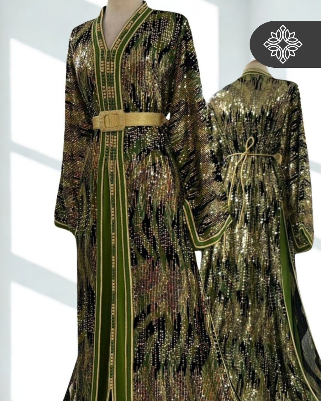 Two-Piece Moroccan Kaftan Green & Sand | Sequin Embroidery | Luxury Takchita