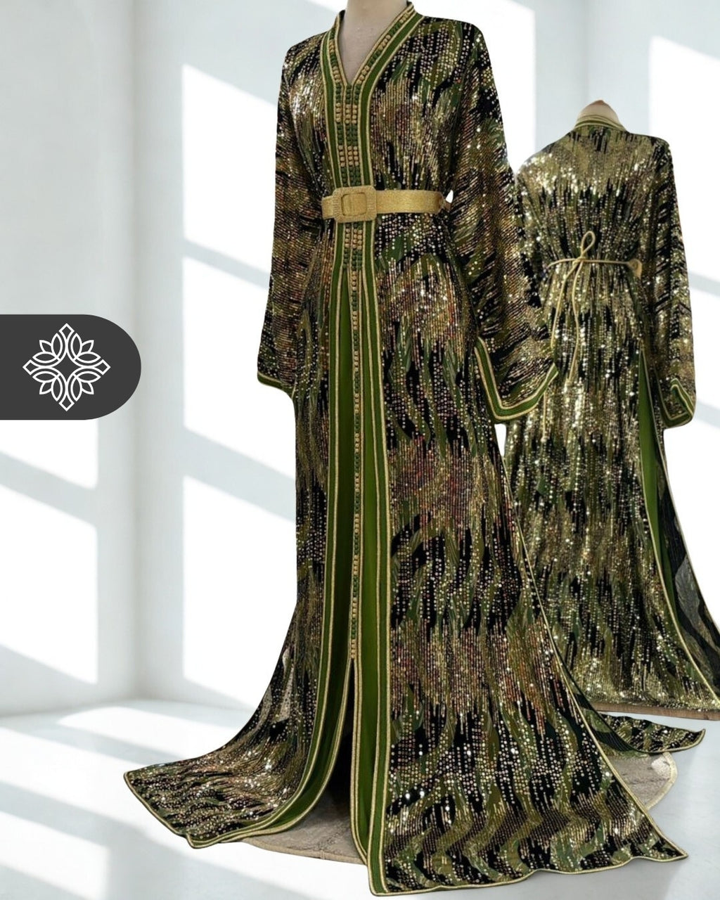 Olive Green Sequin Takchita | Moroccan Two-Piece Kaftan with Luminous Detailing