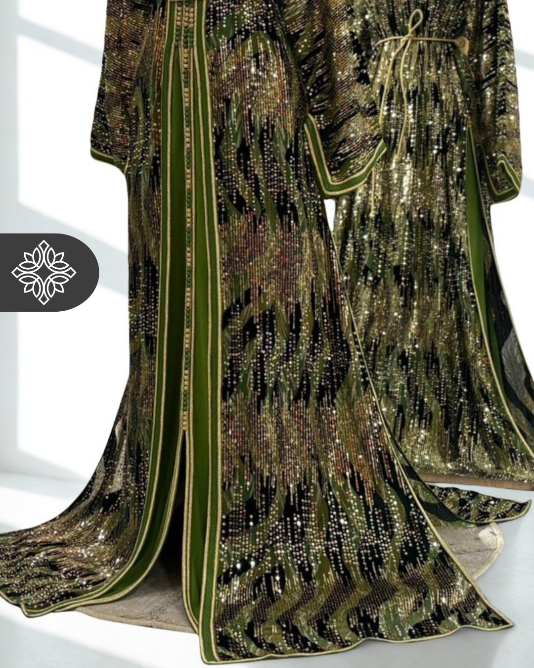 Two-Piece Moroccan Kaftan Green & Sand | Sequin Embroidery | Luxury Takchita