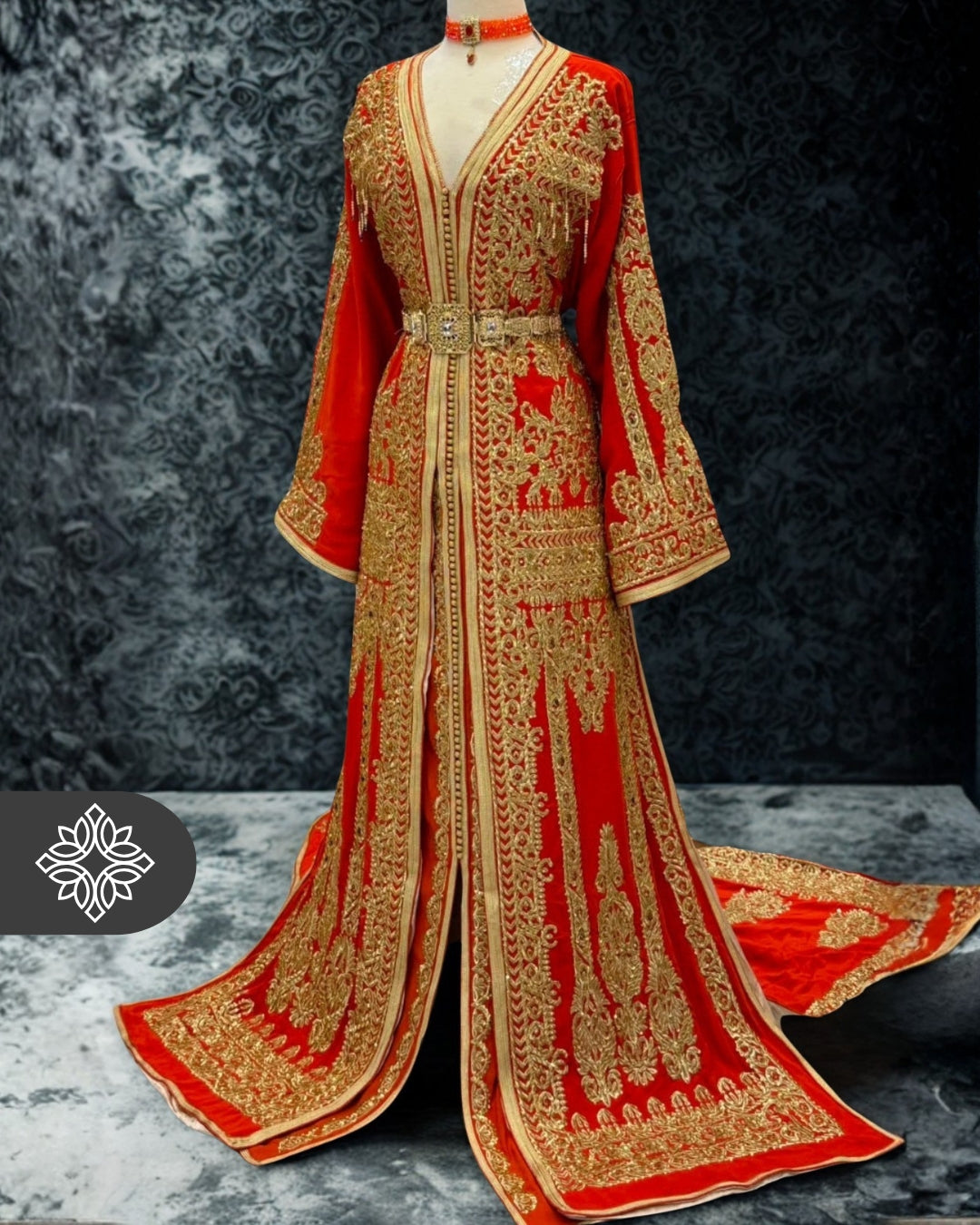 Orange Saffron Moroccan Takchita | Luxury Two-Piece Kaftan | Golden Royal Hand Embroidery