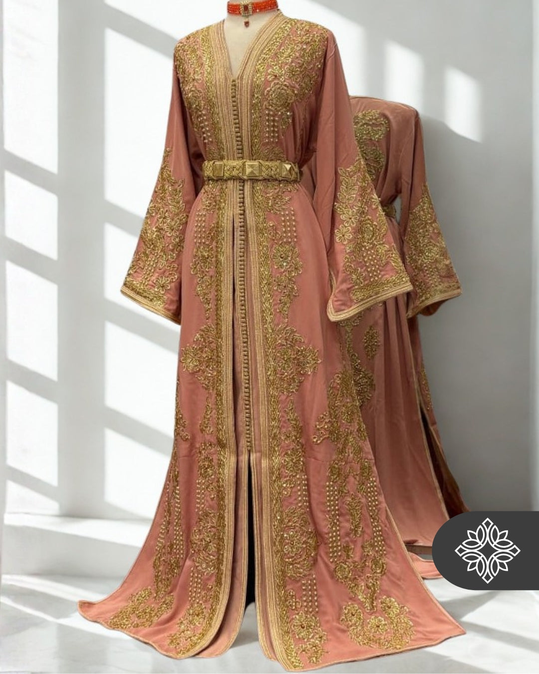 Peach Beige Moroccan Takchita | Golden Royal Embroidery | Haute Couture Two-Piece Kaftan
