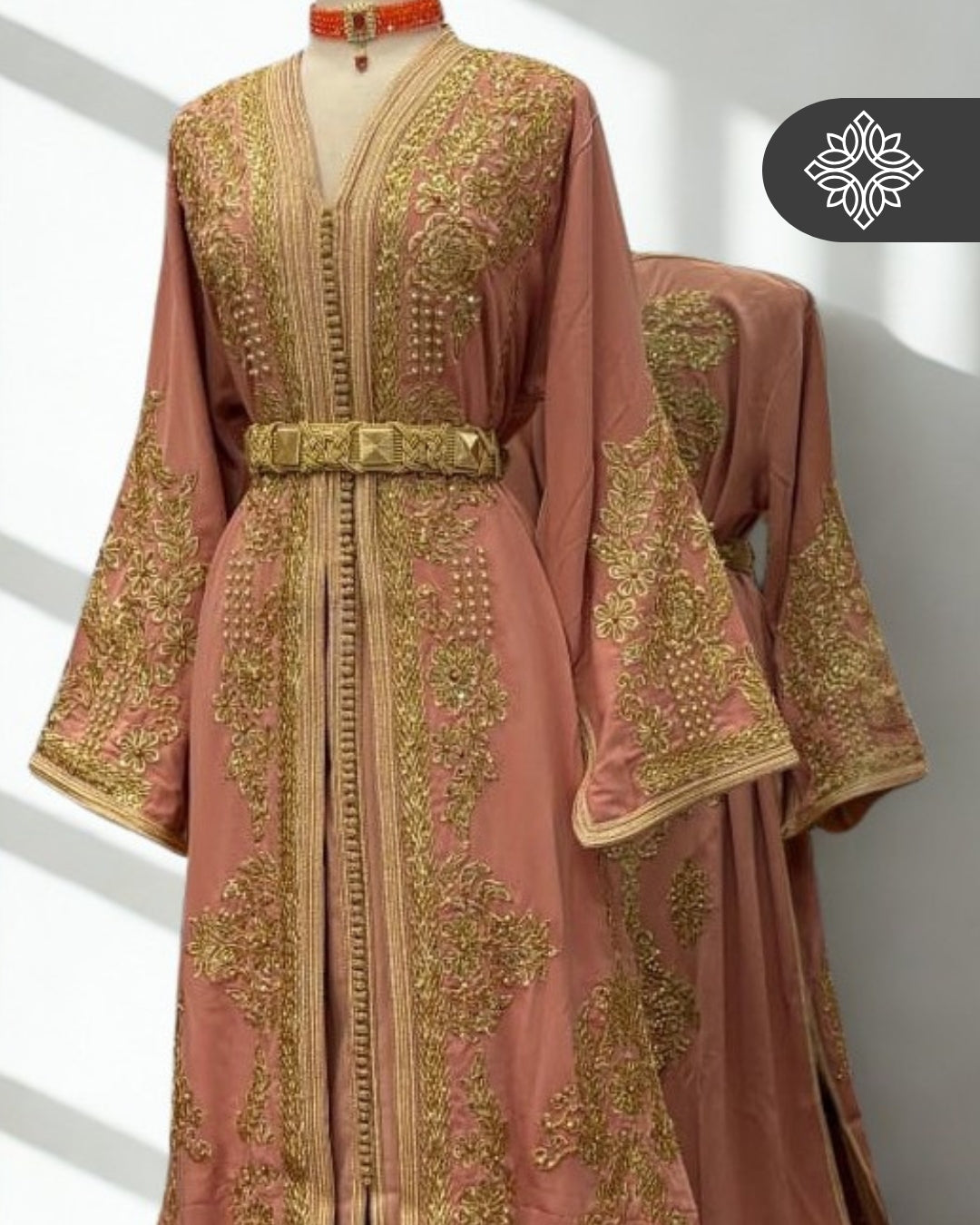 Peach Beige Moroccan Takchita | Golden Royal Embroidery | Haute Couture Two-Piece Kaftan