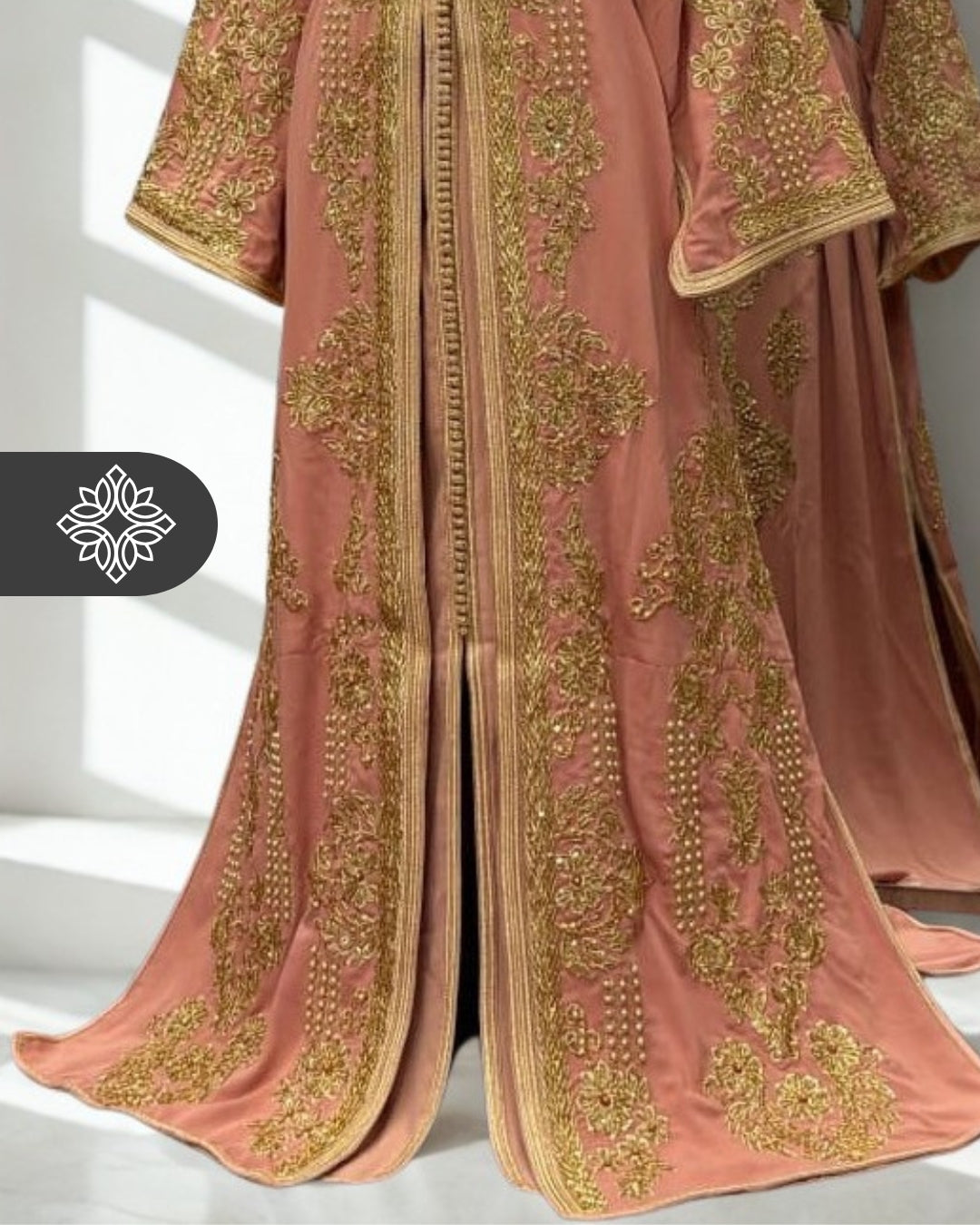 Peach Beige Moroccan Takchita | Golden Royal Embroidery | Haute Couture Two-Piece Kaftan