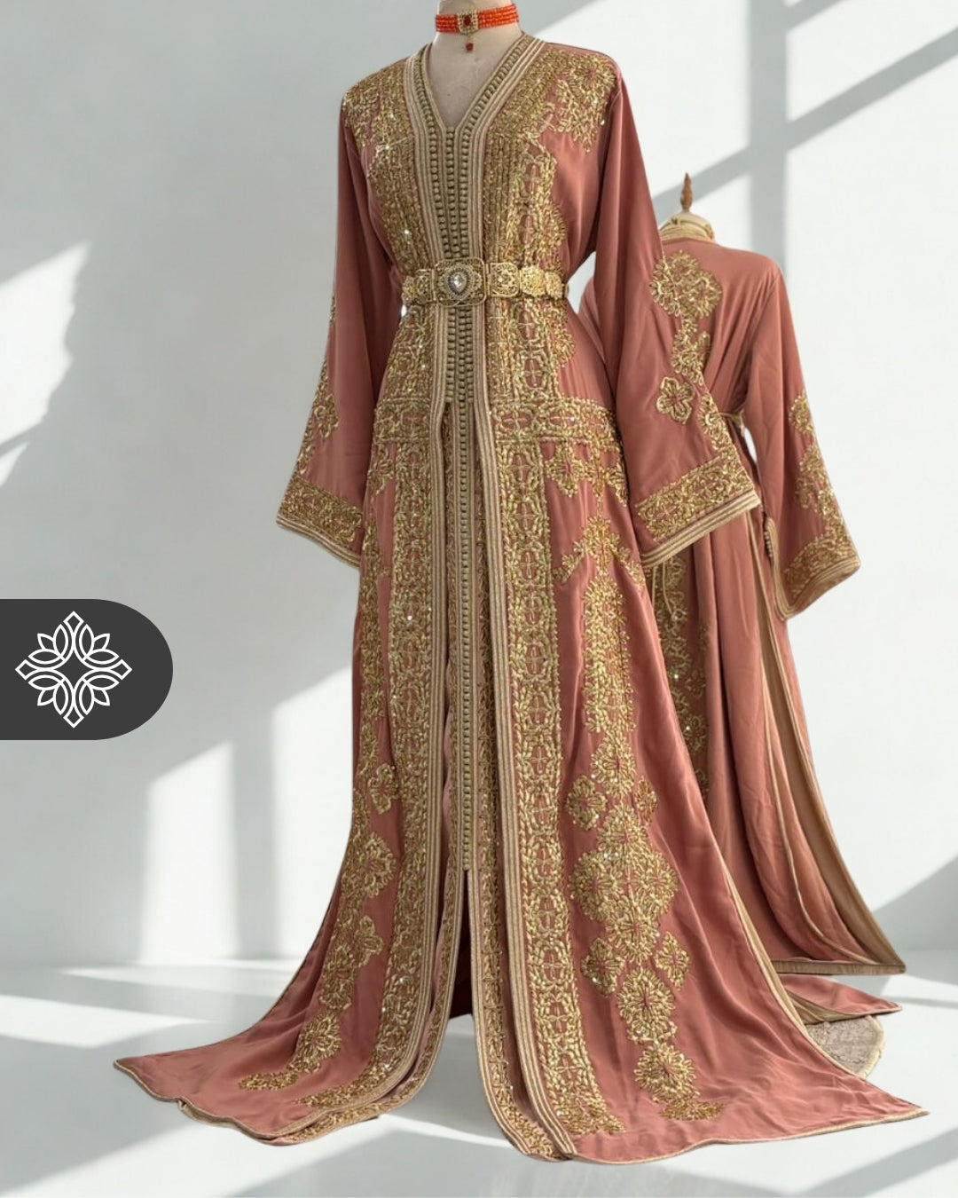 Peach Beige Moroccan Takchita | Golden Royal Embroidery | Haute Couture Two-Piece Kaftan