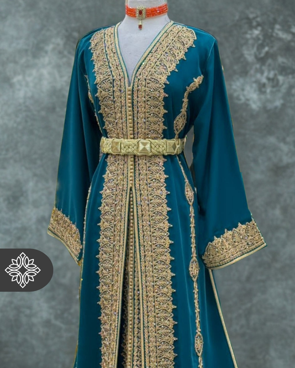 Royal Moroccan Two-Piece Kaftan | Sky Blue & Gold Embroidery