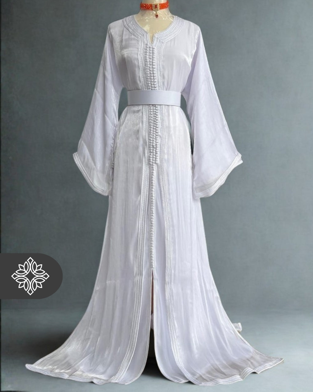 White Moroccan Takchita | Elegant Two-Piece Kaftan | Luminous Organza Couture