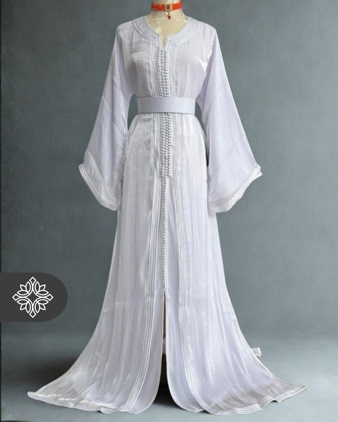 White Moroccan Takchita | Elegant Two-Piece Kaftan | Luminous Organza Couture