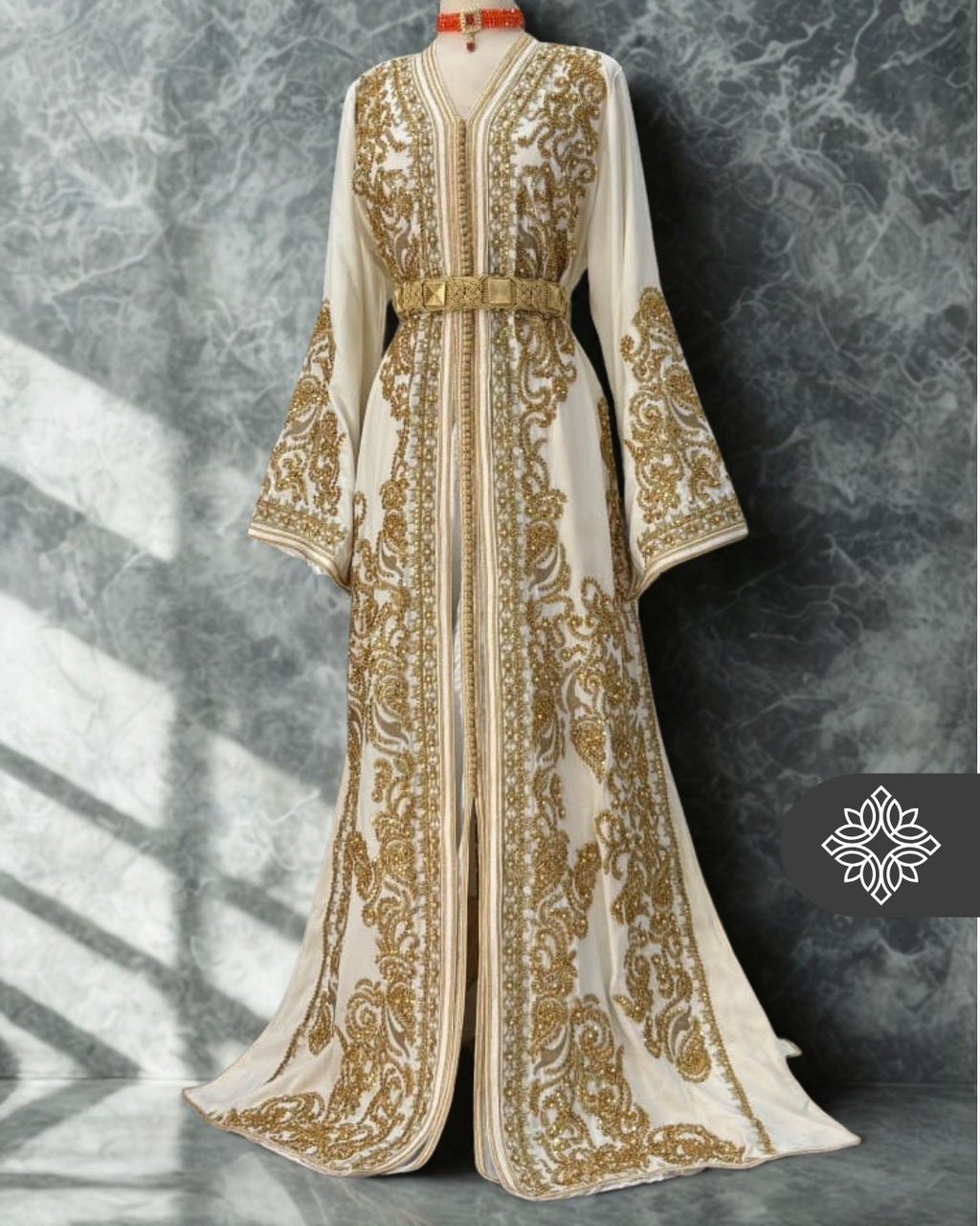 Birdal White Moroccan Takchita | Luxury Two-Piece Kaftan | Golden Heritage Embroidery