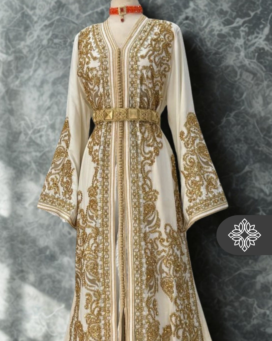Birdal White Moroccan Takchita | Luxury Two-Piece Kaftan | Golden Heritage Embroidery